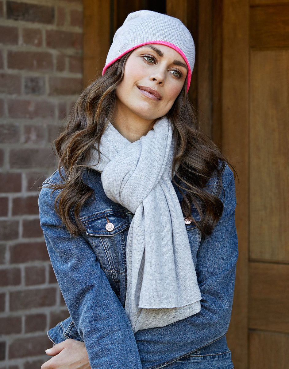 cashmere beanie grey with neon pink trim FREE uk delivery 2 colours – cove