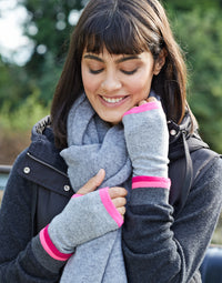 cashmere wrist warmers - dark grey & neon pink