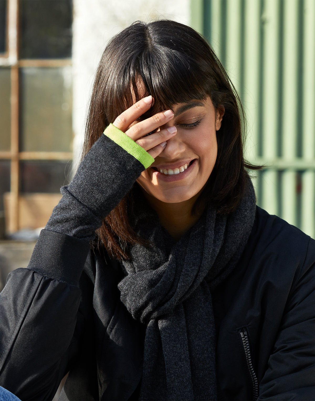 cashmere wrist warmers - charcoal & neon yellow