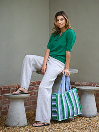 straw woven shoulder tote bag - green & blue