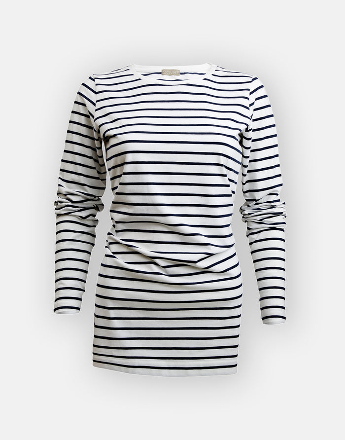 long length cotton tee - white & navy stripe