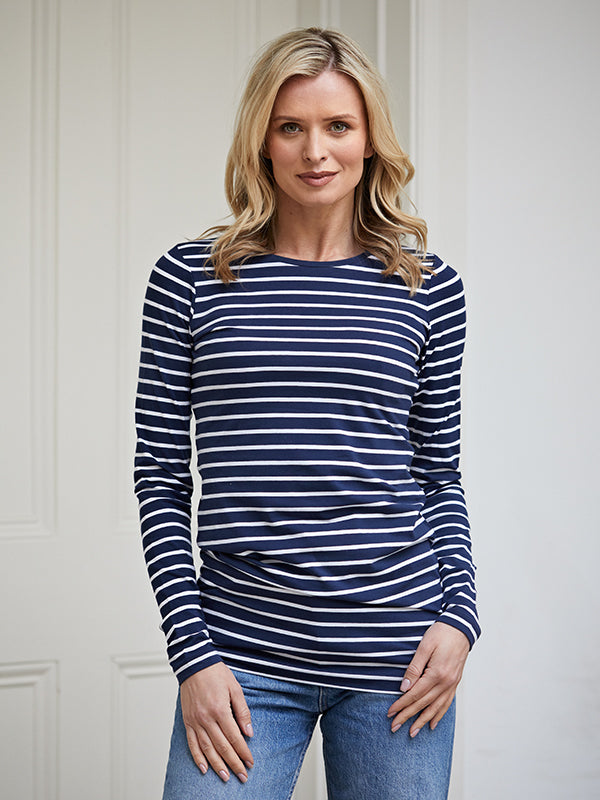 long length cotton tee - navy & white stripe