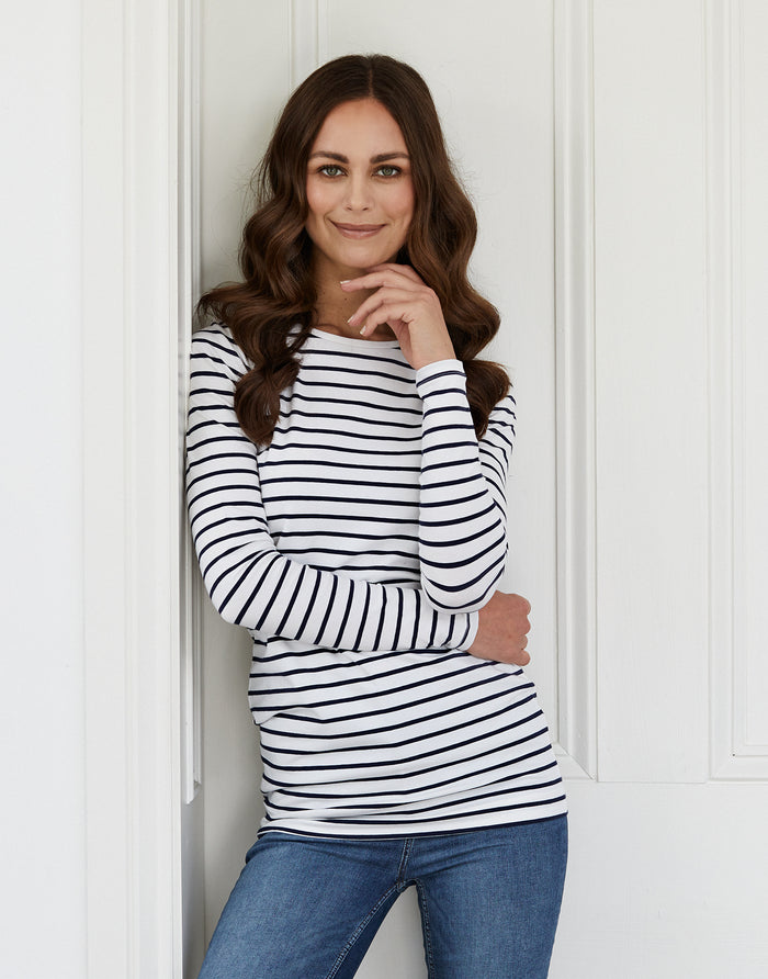 long length cotton tee - white & navy stripe