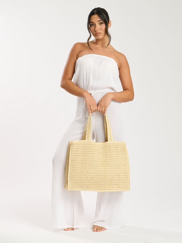 straw woven shoulder tote bag - ecru
