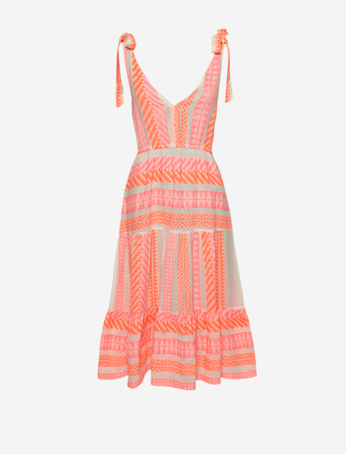 aztec jacquard cotton tie shoulder midi dress - orange & pink