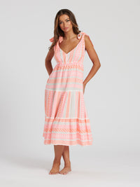 aztec jacquard cotton tie shoulder midi dress - orange & pink