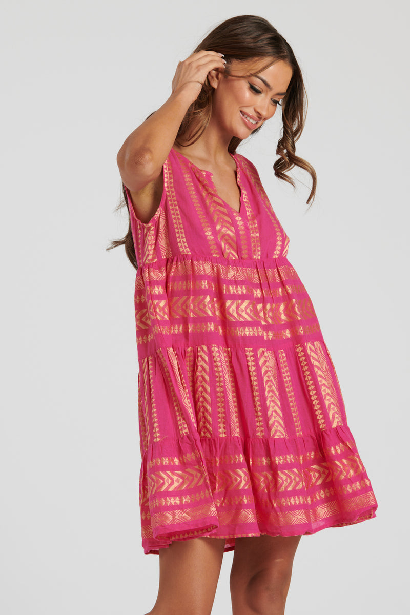 aztec metallic jacquard sleeveless dress - pink & gold