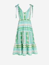 aztec jacquard cotton tie shoulder midi dress - green & blue