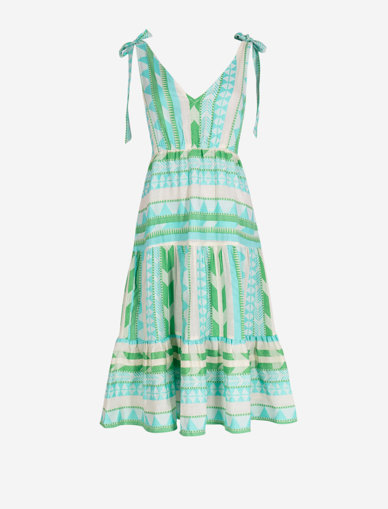 aztec jacquard cotton tie shoulder midi dress - green & blue