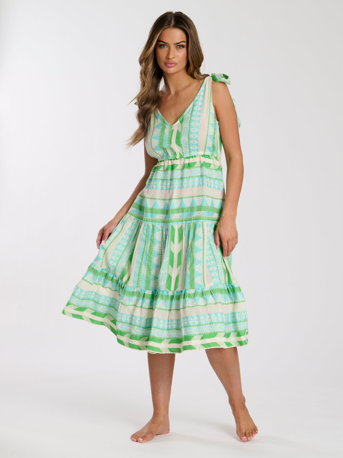 aztec jacquard cotton tie shoulder midi dress - green & blue