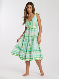aztec jacquard cotton tie shoulder midi dress - green & blue
