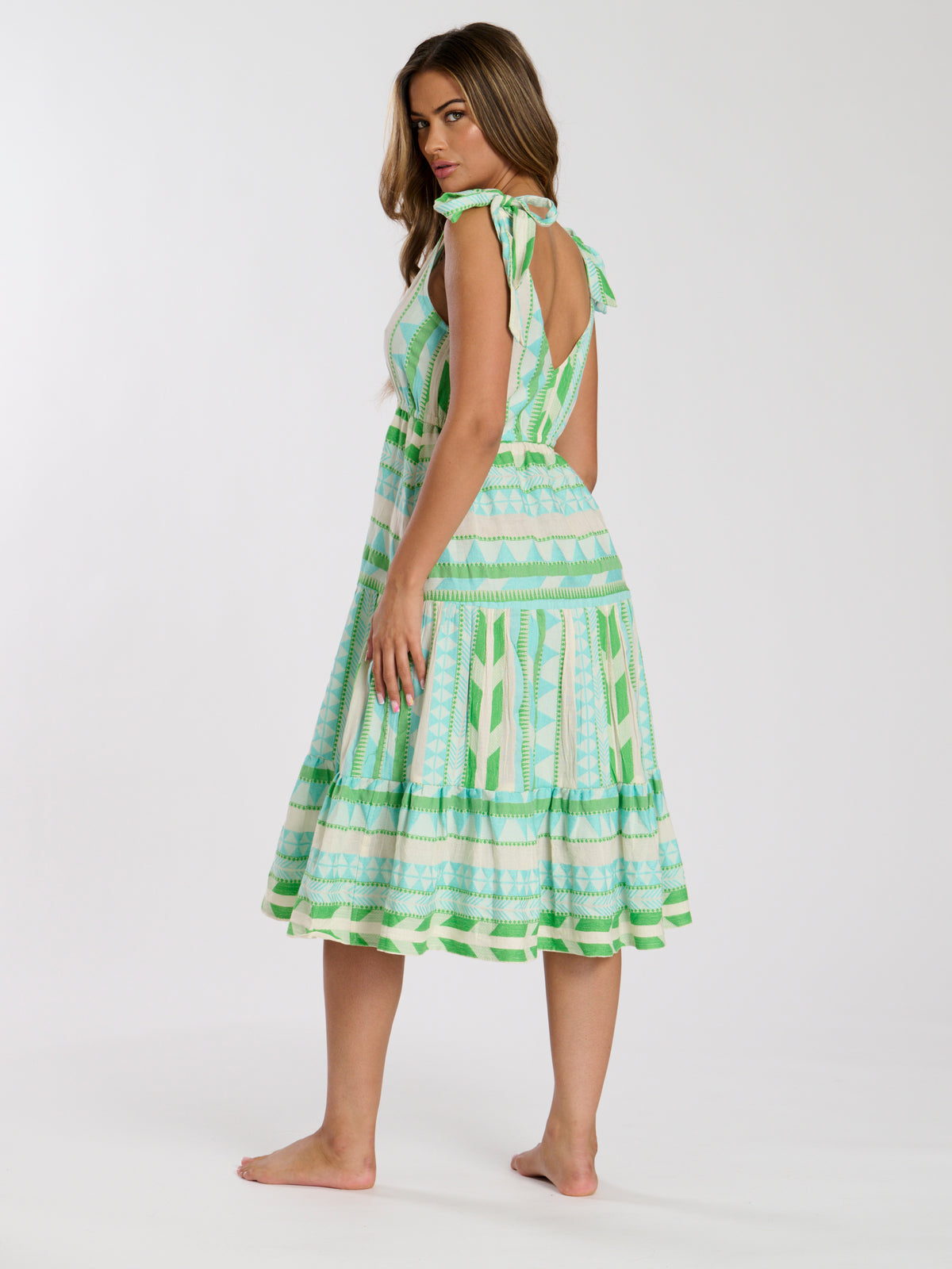 aztec jacquard cotton tie shoulder midi dress - green & blue