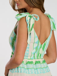 aztec jacquard cotton tie shoulder midi dress - green & blue