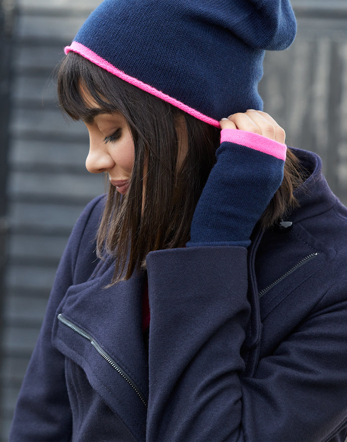 letterbox gift cashmere beanie & matching wrist warmers - navy & pink
