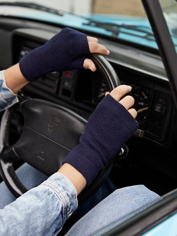 cashmere ribbed beanie & wrist warmer set - navy