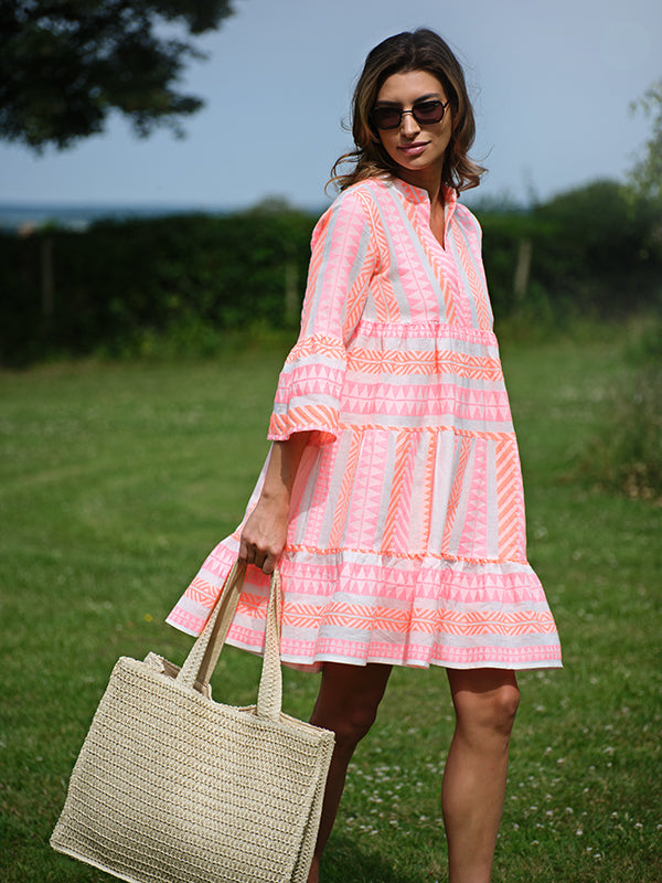 aztec jacquard neon dress - orange & pink