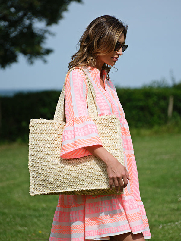 straw woven shoulder tote bag - ecru