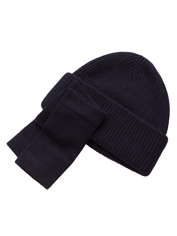 cashmere ribbed beanie & wrist warmer set - navy