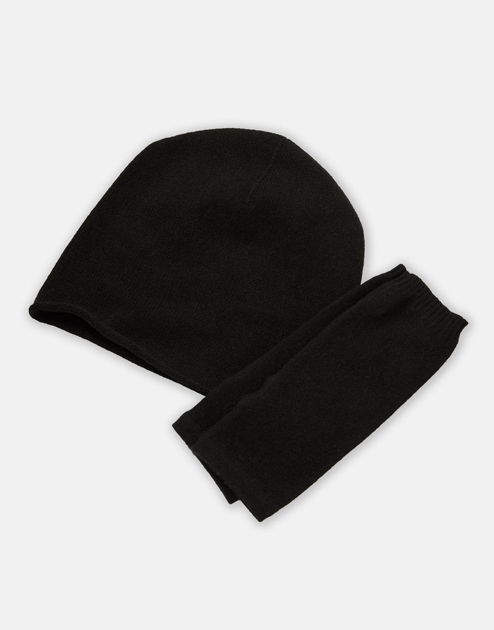 cashmere beanie & wrist warmer gift set - black