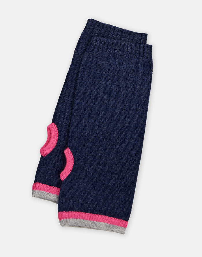 renee wrist warmers - indigo with grey & neon pink