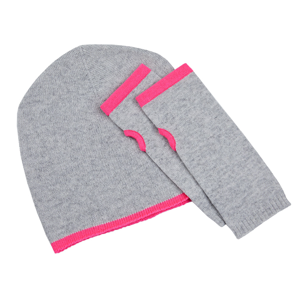letterbox gift cashmere beanie & matching wrist warmers - grey & pink