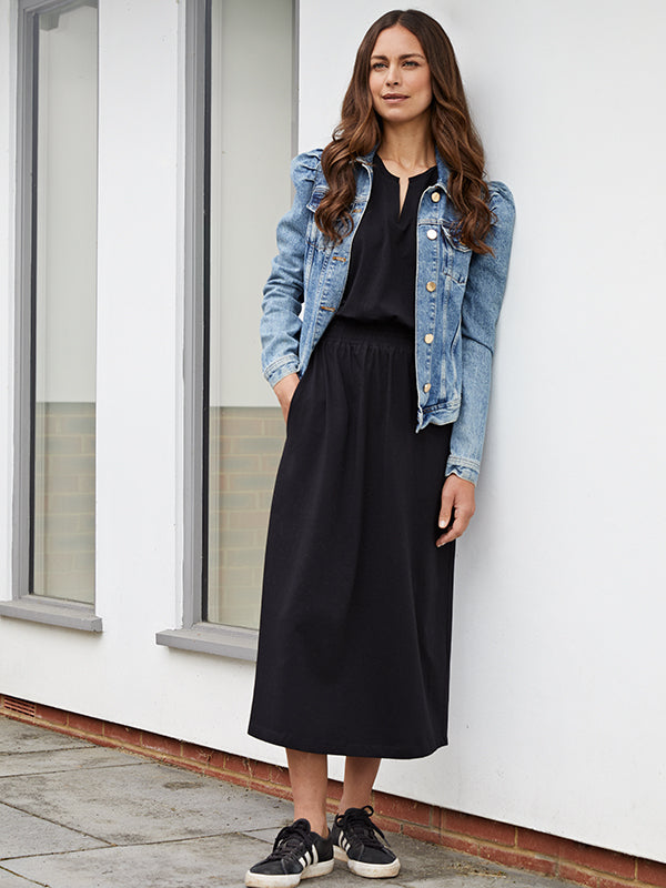 cuba black cotton midi dress with pockets 3 sizes machine washable – cove