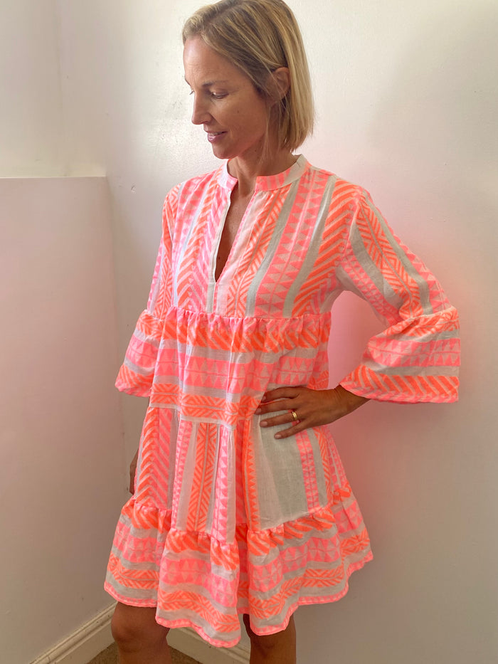 aztec jacquard neon dress - orange & pink
