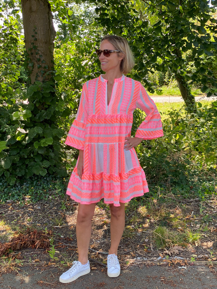aztec jacquard neon dress - orange & pink