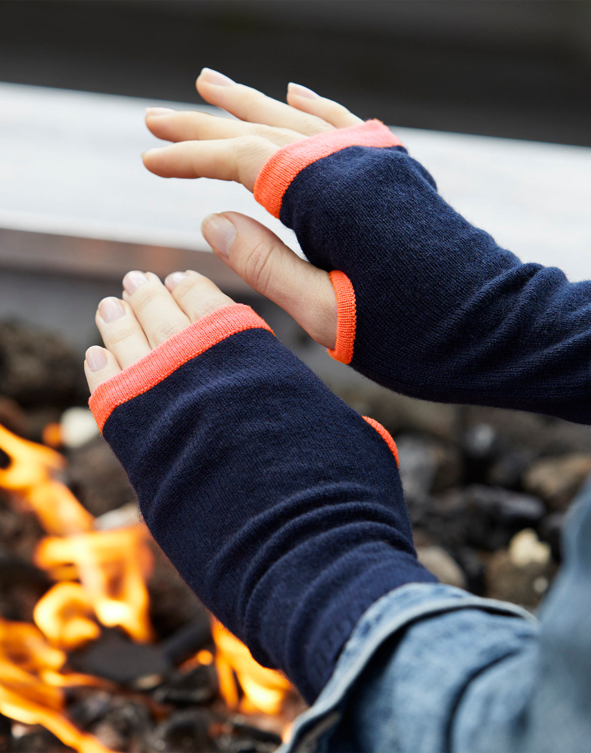 cashmere wrist warmers - navy & neon orange