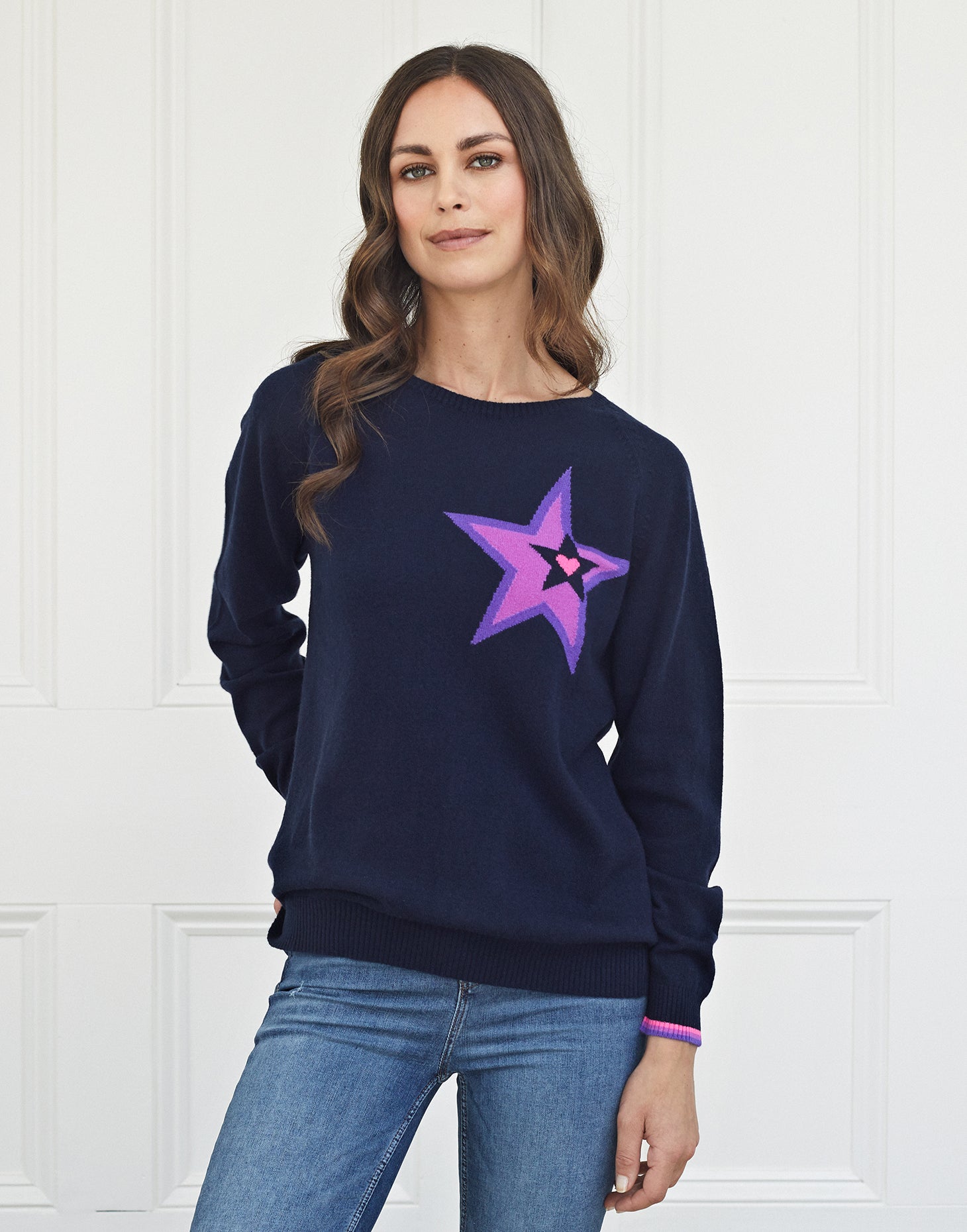 sia navy star heart motif crew 100 cashmere jumper 2 sizes cove