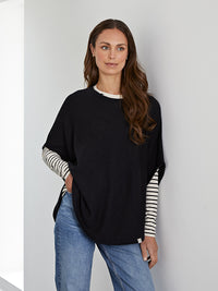 long length cotton tee - stone & black stripe