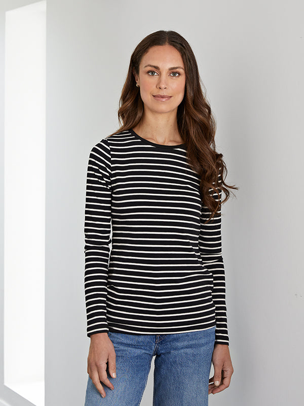 long length cotton tee - black & stone stripe